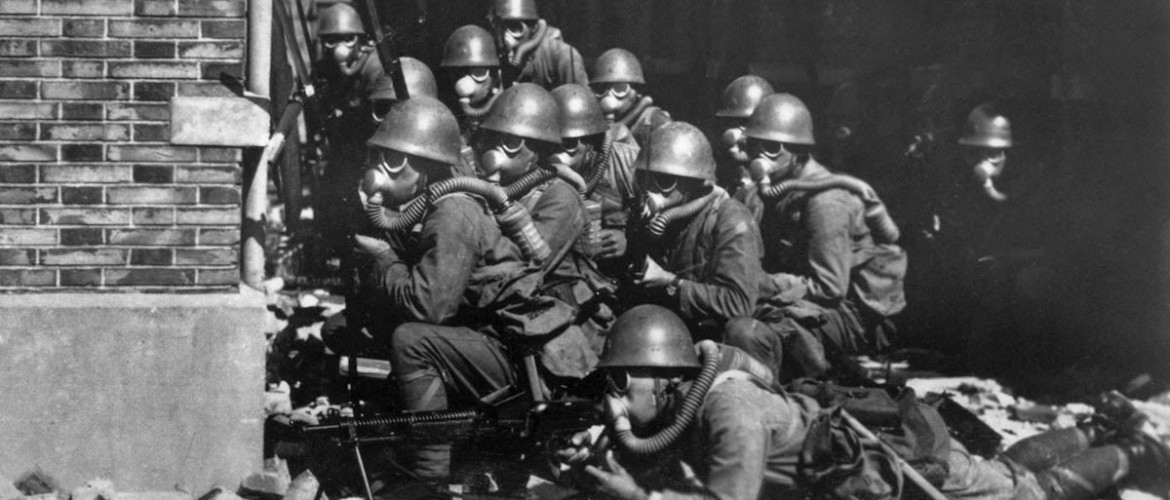 Japanese Special Naval Landing Forces with gas masks and rubber gloves during a chemical attack, Battle of Shanghai, 1937